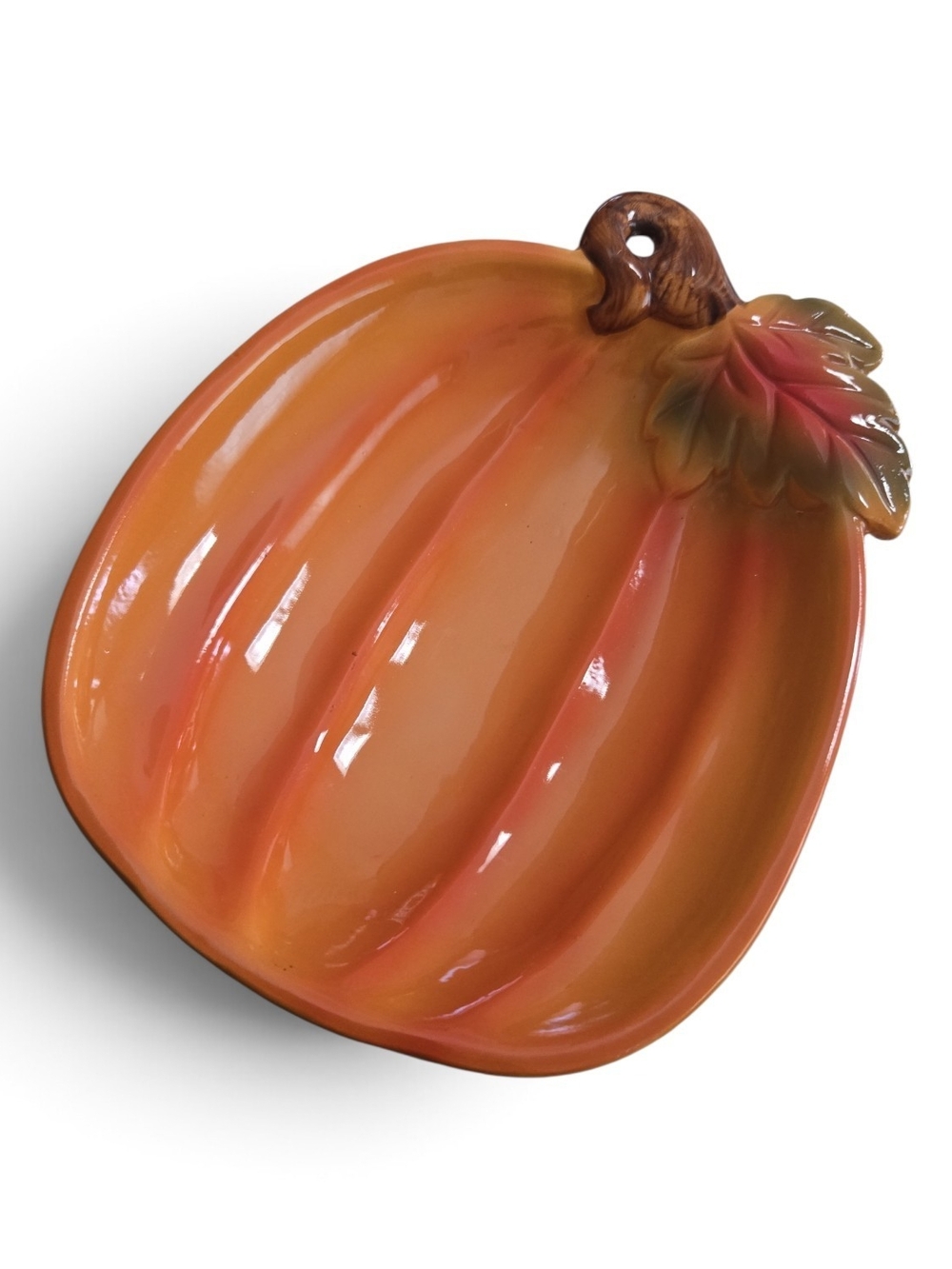 Ceramic Pumpkin Serving Dish in Orange with Leaf Accent